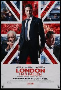 7g779 LONDON HAS FALLEN advance DS 1sh '16 Gerard Butler, Aaron Eckhart, Morgan Freeman, Union Jack