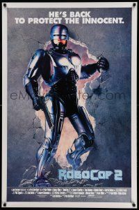 7g879 ROBOCOP 2 int'l 1sh '90 full-length cyborg policeman Peter Weller busts through wall, sequel!