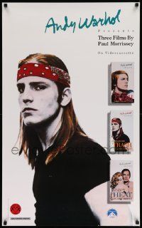 7g165 THREE FILMS BY PAUL MORRISSEY 23x37 video poster '88 cool images of Joe Dallesandro!