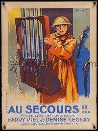 7j383 AU SECOURS French 24x32 '25 art of soldier Harry Piel carrying gun rack by Gaillant!