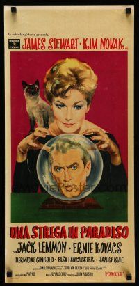 7j272 BELL, BOOK & CANDLE Italian locandina '59 art of witch Novak & cat w/Stewart in crystal ball!