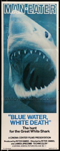 7k350 BLUE WATER, WHITE DEATH insert '71 super close image of great white shark with open mouth!