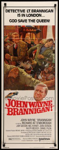 7k360 BRANNIGAN insert '75 great Robert McGinnis art of fighting John Wayne in England!
