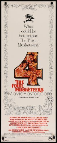 7k449 FOUR MUSKETEERS insert '75 Raquel Welch, Oliver Reed, wacky art by Rickard and Deschamps!