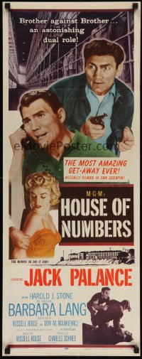 7k519 HOUSE OF NUMBERS insert '57 two Jack Palances, sexy Barbara Lang, most amazing get-away ever