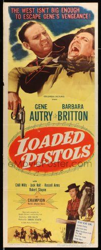 7k639 LOADED PISTOLS insert '49 Gene Autry playing guitar, fighting & riding Champion!