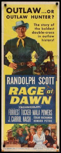 7k725 RAGE AT DAWN insert '55 cool artwork of outlaw hunter Randolph Scott by train!