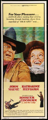 7k743 ROOSTER COGBURN insert '75 great art of John Wayne with eyepatch & Katharine Hepburn!