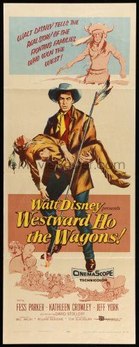 7k932 WESTWARD HO THE WAGONS insert '57 artwork of cowboy Fess Parker holding Native American!