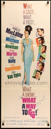 7k933 WHAT A WAY TO GO insert '64 Paul Newman, Mitchum, Dean Martin, full-length Shirley MacLaine!
