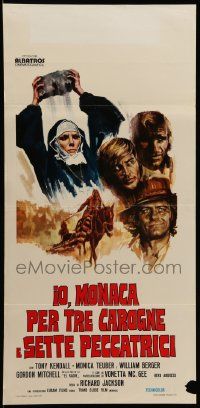 7m358 BIG BUST-OUT Italian locandina '72 art of nun about to bash guy's head in with a rock!