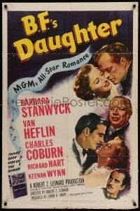 7p061 B.F.'S DAUGHTER 1sh '48 romantic c/u of Barbara Stanwyck & Van Heflin, Charles Coburn!