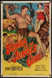7p116 BOMBA & THE JUNGLE GIRL 1sh '53 c/u of Johnny Sheffield with spear & sexy Karen Sharpe!