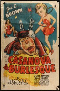 7p159 CASANOVA IN BURLESQUE 1sh '44 wacky artwork of comic Joe E. Brown & solo Dale Evans!