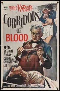 7p196 CORRIDORS OF BLOOD 1sh '63 Boris Karloff, Christopher Lee, blood-curdling experiments!