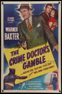 7p203 CRIME DOCTOR'S GAMBLE 1sh '47 great image of detective Warner Baxter pointing gun!