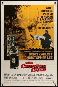 7p207 CRIMSON CULT 1sh '70 Boris Karloff, Christopher Lee, what can satisfy the devil-god?
