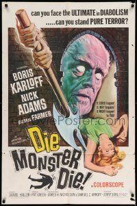 7p252 DIE, MONSTER, DIE 1sh '65 AIP, cool artwork of Boris Karloff, the ultimate in diabolism!