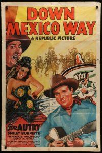 7p266 DOWN MEXICO WAY 1sh '41 Gene Autry & Smiley Burnette go south of the border, cool artwork!