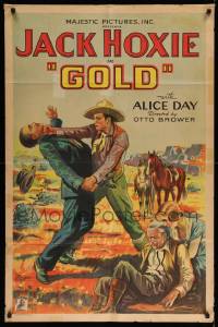 7p372 GOLD 1sh '32 great artwork of western cowboy Jack Hoxie punching bad guy, rare!
