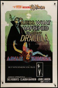 7p391 GUESS WHAT HAPPENED TO COUNT DRACULA 1sh '70 art of vampire & victim, trip into a nightmare!