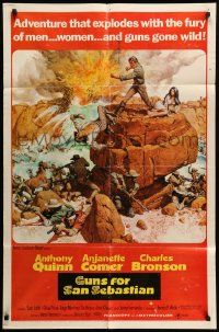 7p395 GUNS FOR SAN SEBASTIAN 1sh '68 Anthony Quinn, Charles Bronson, epic battle art by McCarthy!
