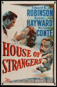 7p445 HOUSE OF STRANGERS 1sh '49 Edward G. Robinson, Richard Conte slaps Susan Hayward!