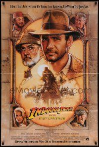 7p462 INDIANA JONES & THE LAST CRUSADE advance 1sh '89 Ford/Connery over a brown background by Drew