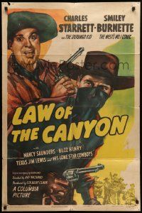 7p511 LAW OF THE CANYON 1sh '47 art of Charles Starrett as the Durango Kid & Smiley Burnette!