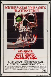 7p512 LEGEND OF HELL HOUSE 1sh '73 great skull & haunted house dripping with blood art by B.T.!