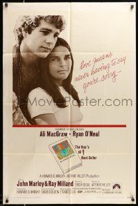 7p545 LOVE STORY 1sh '70 great romantic close up of Ali MacGraw & Ryan O'Neal!