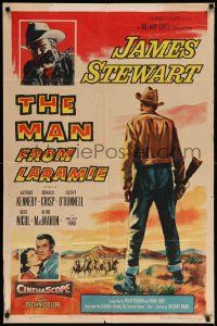 7p555 MAN FROM LARAMIE 1sh '55 three images of James Stewart, directed by Anthony Mann!