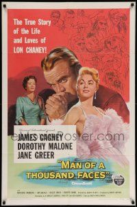7p557 MAN OF A THOUSAND FACES 1sh '57 art of James Cagney as Lon Chaney Sr. by Reynold Brown!