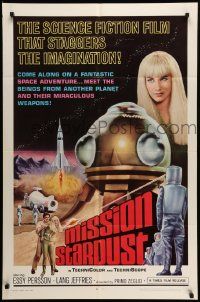 7p588 MISSION STARDUST 1sh '68 wacky Italian sci-fi, cool art of astronaut shooting laser!