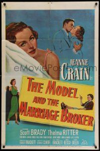7p591 MODEL & THE MARRIAGE BROKER 1sh '52 Scott Brady kisses Jeanne Crain, smoking Thelma Ritter!