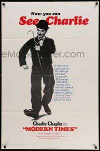 7p592 MODERN TIMES 1sh R72 great image of Charlie Chaplin running with gears in background!