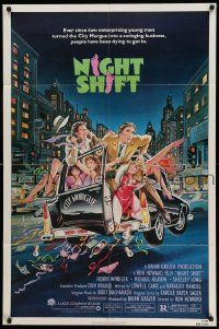 7p635 NIGHT SHIFT 1sh '82 Michael Keaton, Henry Winkler, sexy girls in hearse art by Mike Hobson!