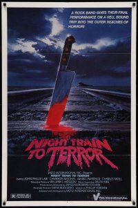 7p637 NIGHT TRAIN TO TERROR 1sh '84 wacky art of monster by train going into jaws to Hell!