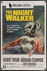 7p638 NIGHT WALKER 1sh '65 William Castle, Robert Taylor, Barbara Stanwyck, Reynold Brown art!
