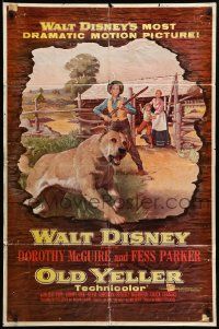 7p653 OLD YELLER 1sh '57 Dorothy McGuire, Fess Parker, art of Disney's most classic canine!
