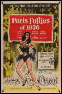 7p671 PARIS FOLLIES OF 1956 1sh '56 great artwork of super sexy French showgirl!