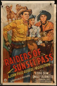 7p716 RAIDERS OF SUNSET PASS 1sh '43 great art of cowboy Eddie Dew, Smiley & Jennifer Holt!
