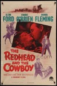 7p725 REDHEAD & THE COWBOY 1sh '51 great romantic super close up of Glenn Ford & Rhonda Fleming!