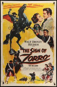 7p794 SIGN OF ZORRO 1sh '60 Walt Disney, cool art of masked hero Guy Williams on horseback!