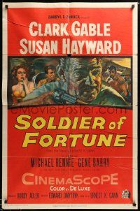 7p815 SOLDIER OF FORTUNE 1sh '55 art of Clark Gable shooting gun, plus sexy Susan Hayward!