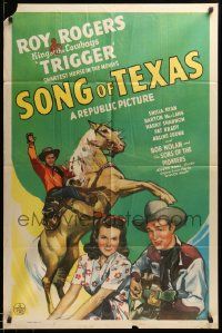 7p819 SONG OF TEXAS 1sh '43 art of Roy Rogers riding Trigger & playing guitar for girl!