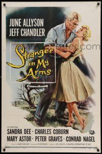 7p845 STRANGER IN MY ARMS 1sh '59 art of Jeff Chandler holding pretty June Allyson!