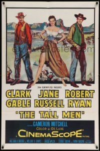 7p865 TALL MEN 1sh '55 full-length art of Clark Gable, sexy Jane Russell showing leg, Robert Ryan!