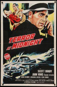 7p877 TERROR AT MIDNIGHT 1sh '56 Scott Brady, Joan Vohs, film noir, cool car crash art!