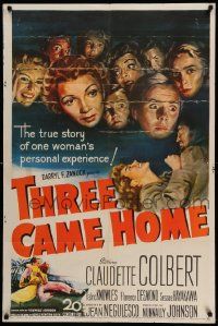 7p892 THREE CAME HOME 1sh '49 artwork of Claudette Colbert & prison women without their men!